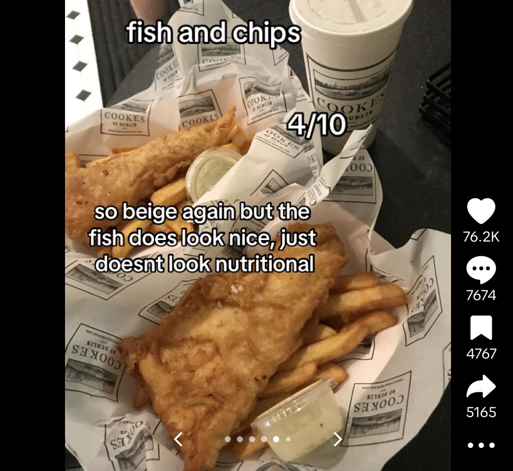 British fish and chips on a plate in a TikTok video